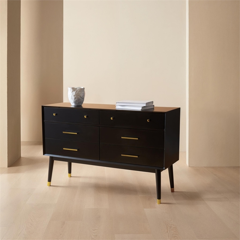 Safavieh Zack 6 Drawer Wood Dresser in Black / Brass