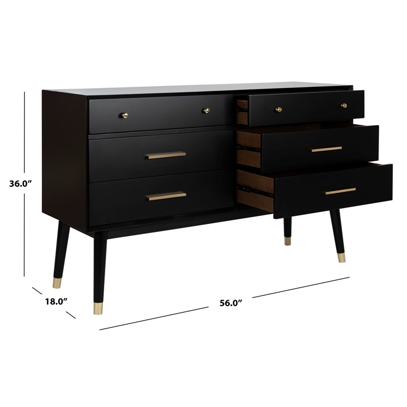 Safavieh Zack 6 Drawer Wood Dresser in Black / Brass