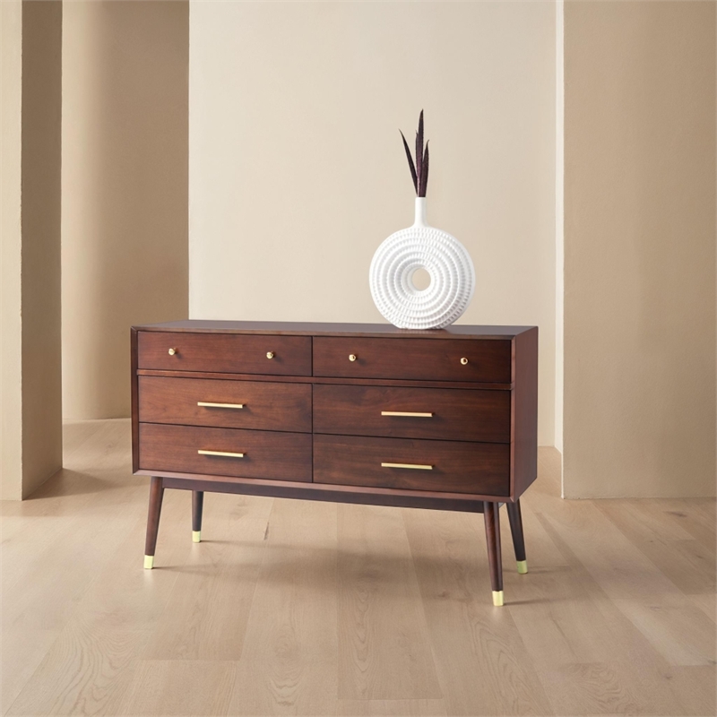 Safavieh Zack 6 Drawer Wood Dresser in Walnut / Brass