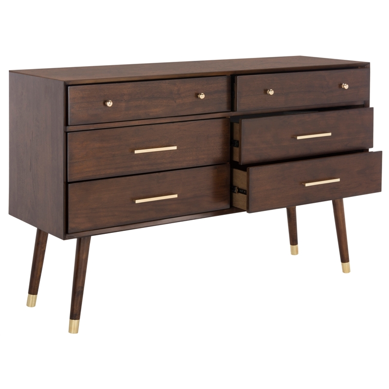 Safavieh Zack 6 Drawer Wood Dresser in Walnut / Brass