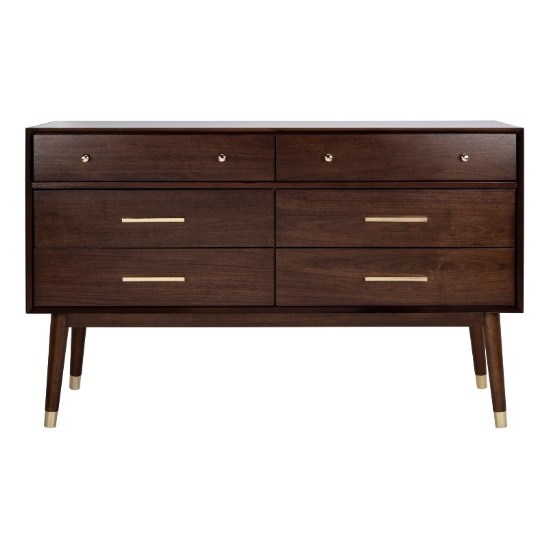 Safavieh Zack 6 Drawer Wood Dresser in Walnut / Brass