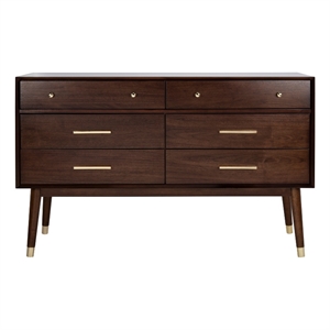 Safavieh Zack 6 Drawer Wood Dresser in Walnut / Brass