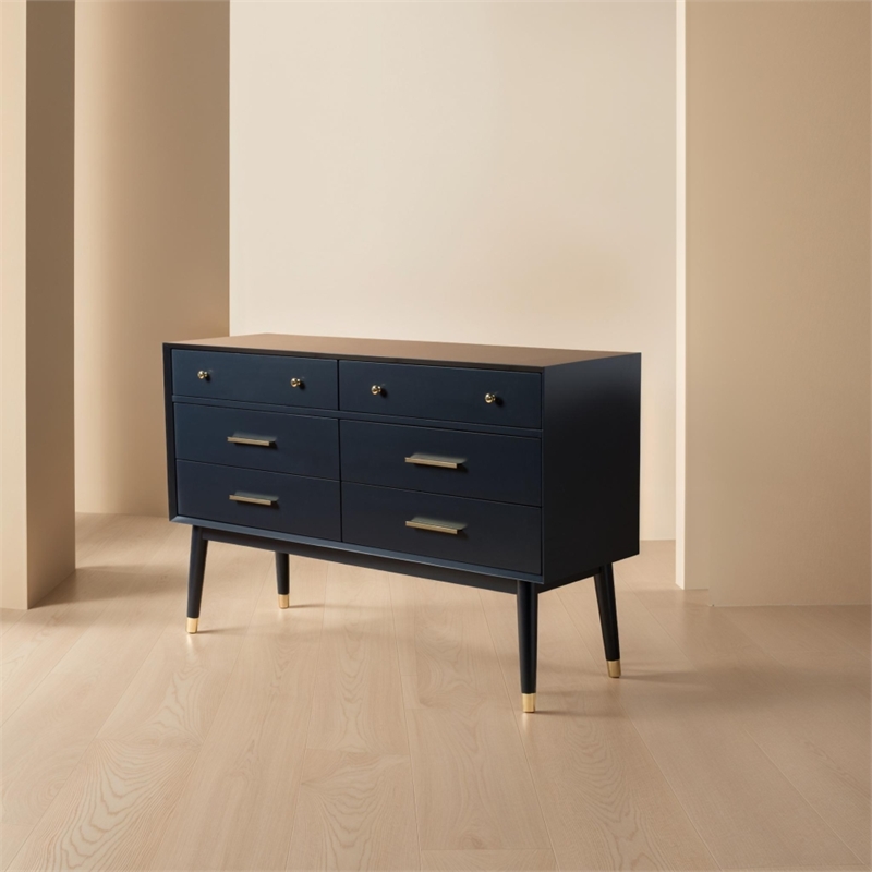 Safavieh Zack 6 Drawer Wood Dresser in Navy / Brass