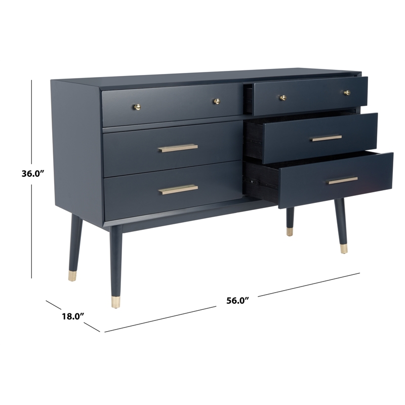 Safavieh Zack 6 Drawer Wood Dresser in Navy / Brass