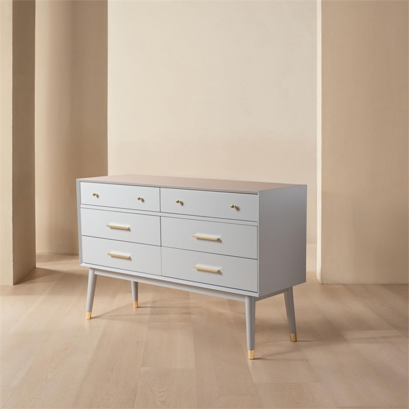 Safavieh Zack 6 Drawer Wood Dresser in Gray / Brass