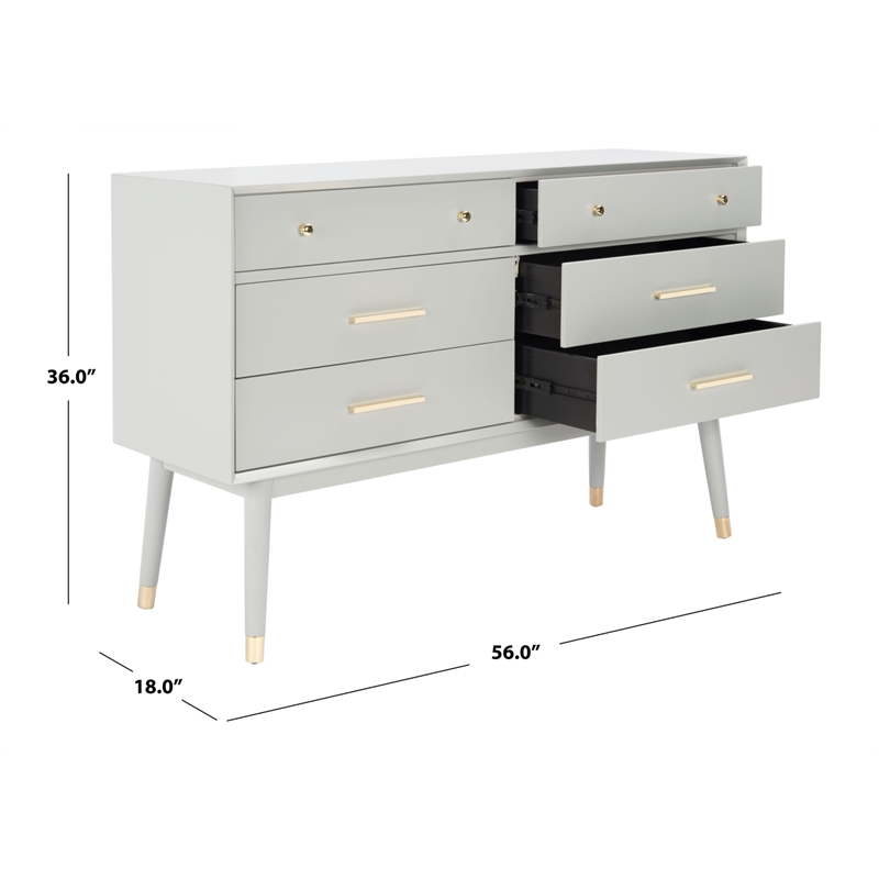 Safavieh Zack 6 Drawer Wood Dresser in Gray / Brass