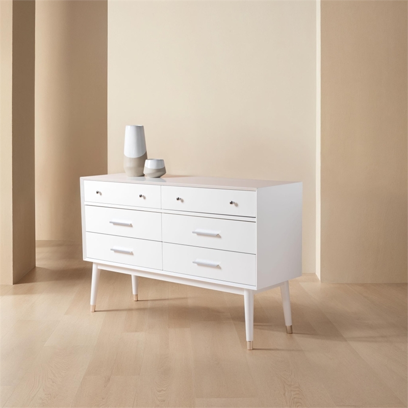 Safavieh Zack 6 Drawer Wood Dresser in White / Silver