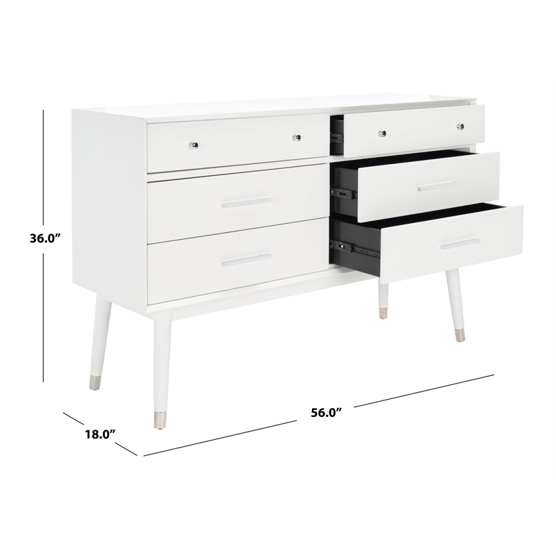 Safavieh Zack 6 Drawer Wood Dresser in White / Silver
