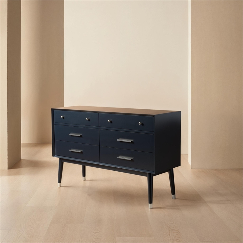Safavieh Zack 6 Drawer Wood Dresser in Navy / Silver