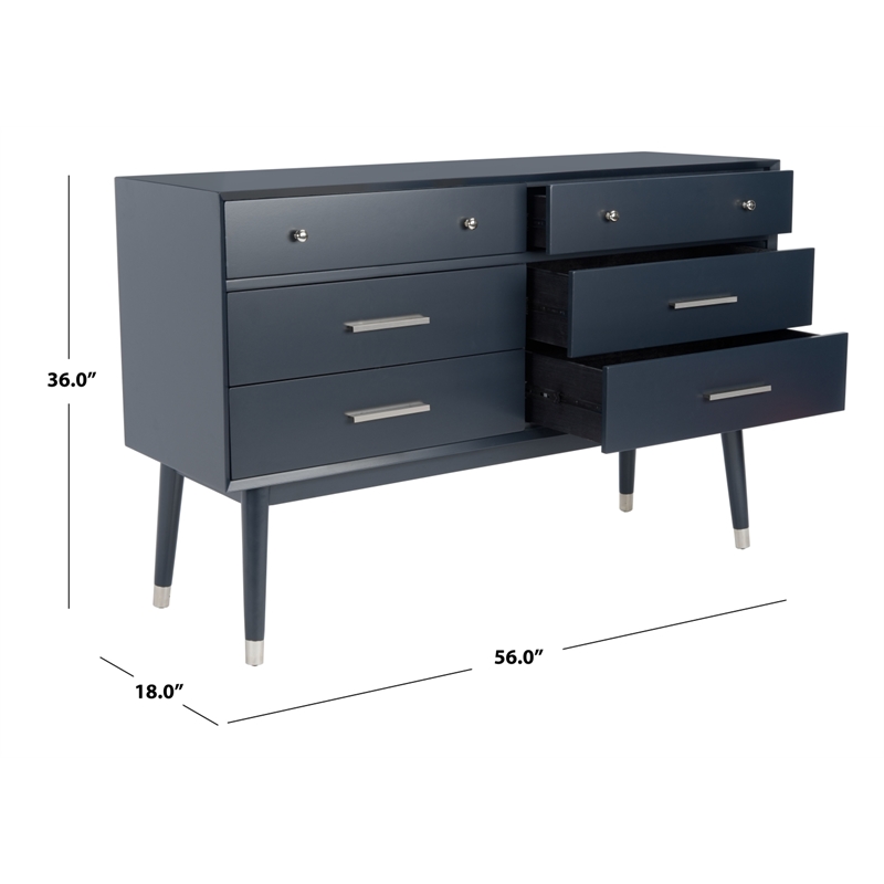 Safavieh Zack 6 Drawer Wood Dresser in Navy / Silver