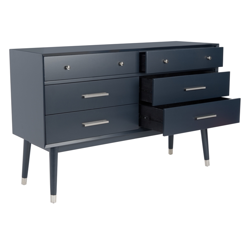 Safavieh Zack 6 Drawer Wood Dresser in Navy / Silver