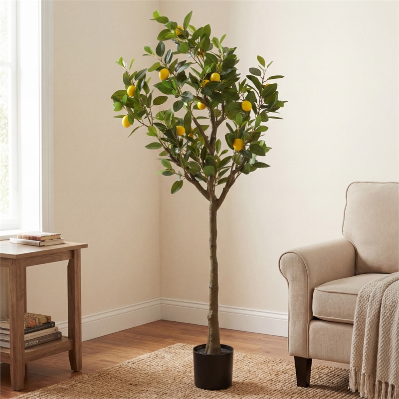 Safavieh Faux 59'' Plastic Lemon Tree in Green / Black
