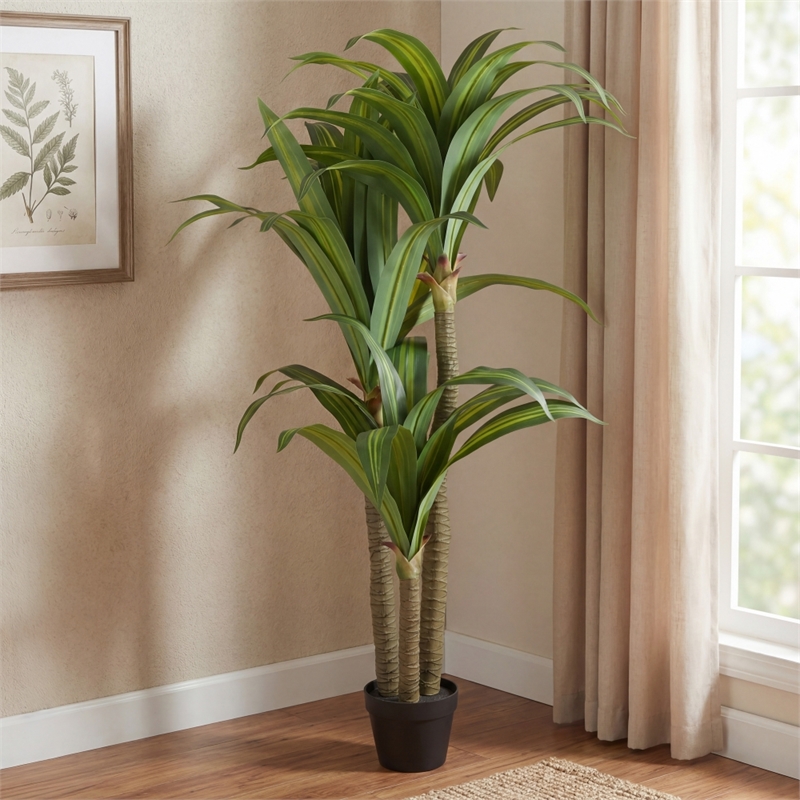 Safavieh Faux 59'' Plastic Dracaena Tree in Green / Black