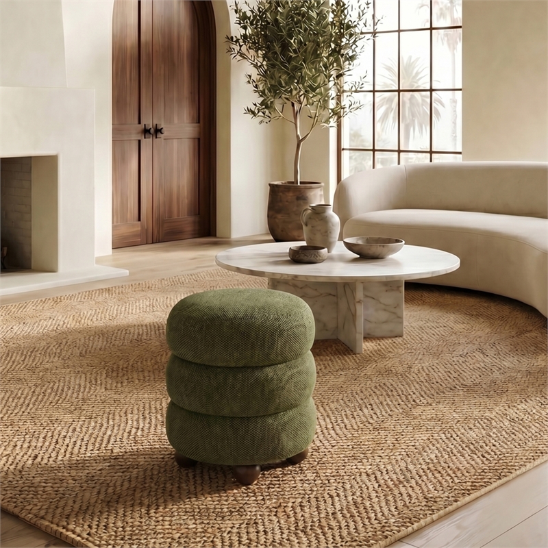 Safavieh Cecelia Round Chenille and Wood Ottoman in Green / Walnut