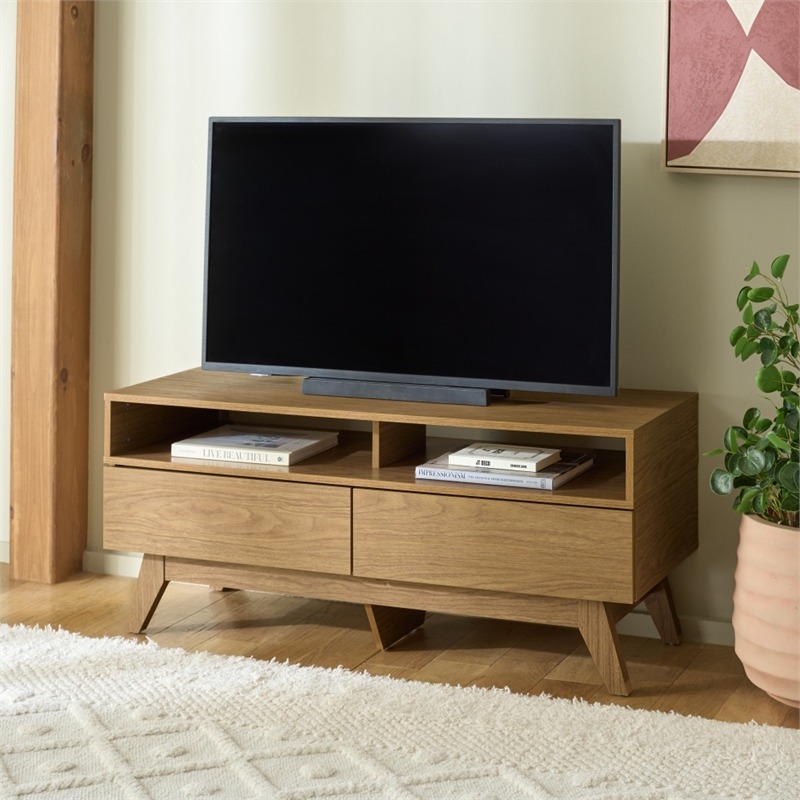 Safavieh Demora Open Shelf 2 Drawer Wood Media Stand in Oak