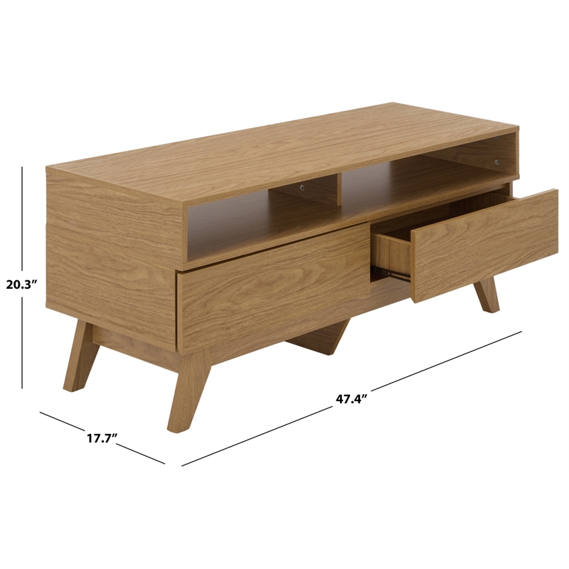 Safavieh Demora Open Shelf 2 Drawer Wood Media Stand in Oak