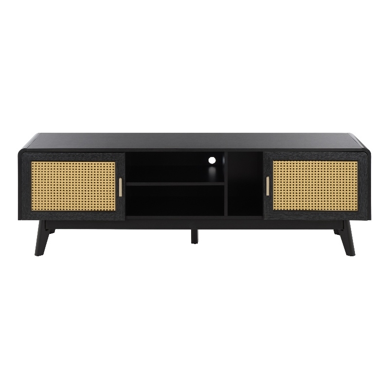 Safavieh Maddy 3 Shelf Rattan Doors Media Stand in Black