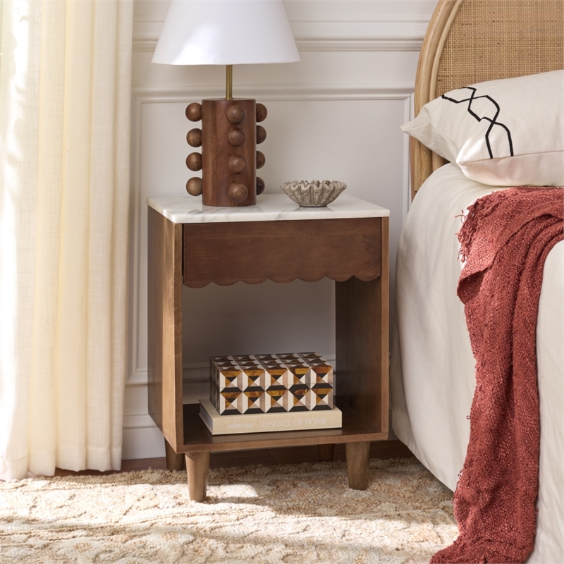 Safavieh Lyubov Marble and Wood Nightstand in White / Brown