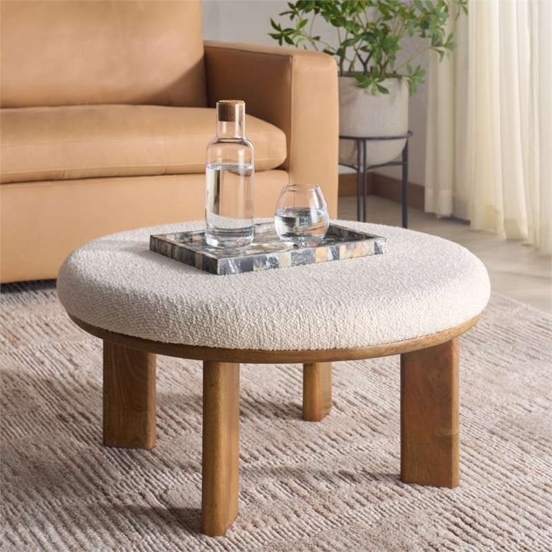 Safavieh Evgenia Round Wood Ottoman in White / Walnut