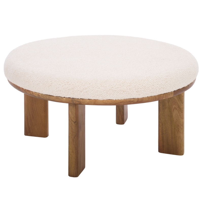 Safavieh Evgenia Round Wood Ottoman in White / Walnut