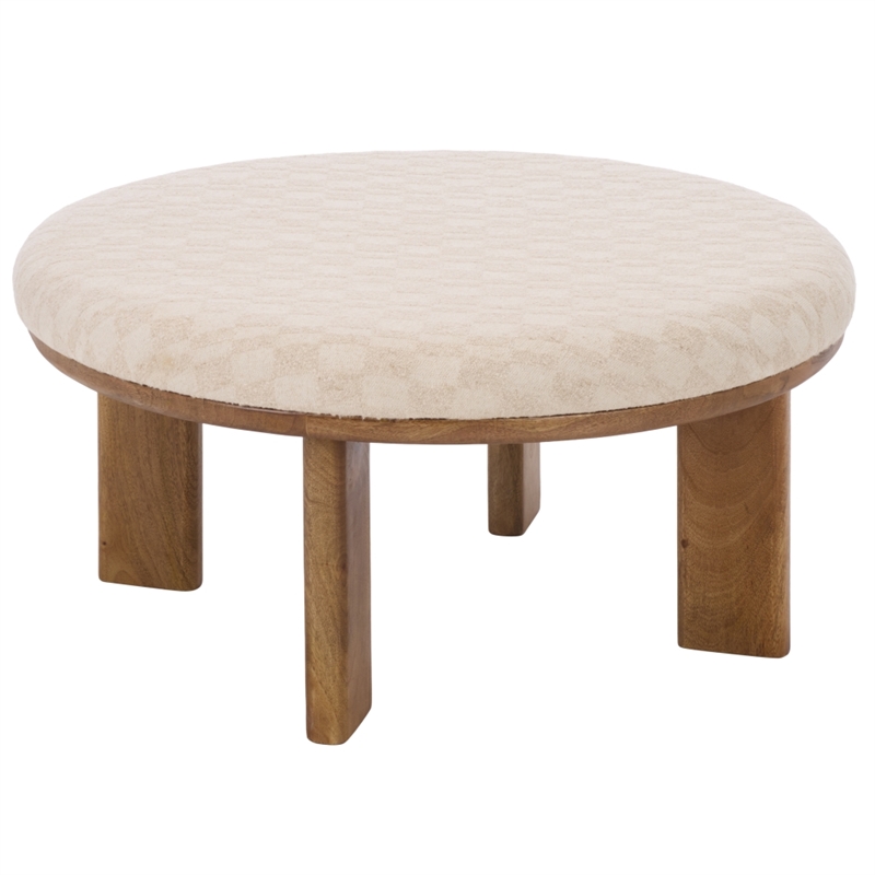 Safavieh Evgenia Round Wood Ottoman in Cream / Walnut