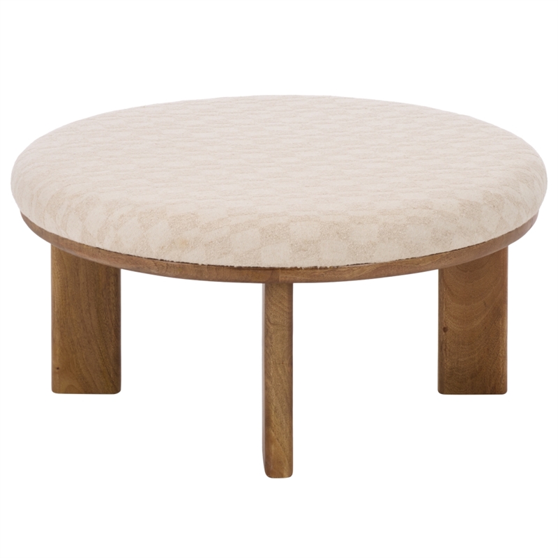Safavieh Evgenia Round Wood Ottoman in Cream / Walnut