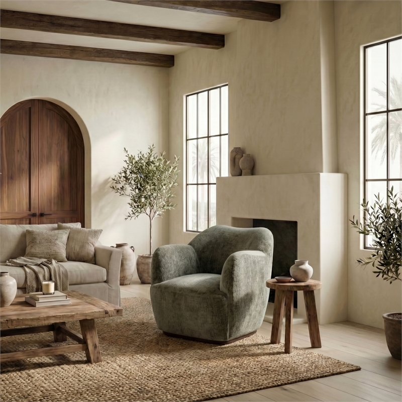 Safavieh Elizandra Chenille and Wood Swivel Chair in Olive