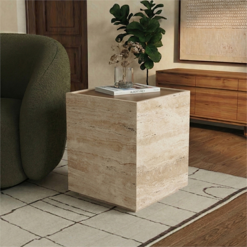 Safavieh Leslianne Wood and Travertine Accent Table in Natural / Beige