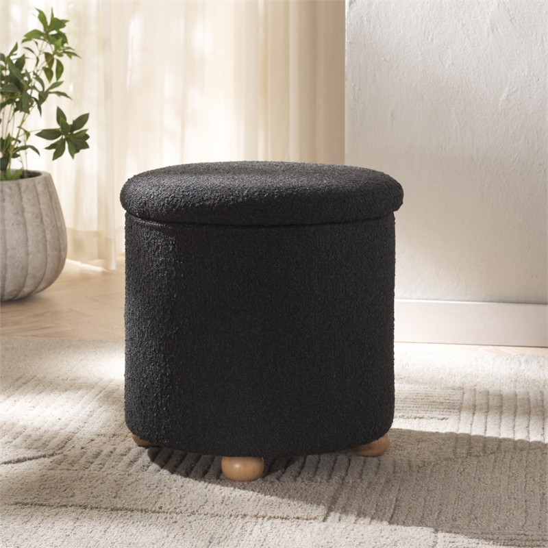 Safavieh Becka Round Boucle Storage Ottoma in Black / Natural