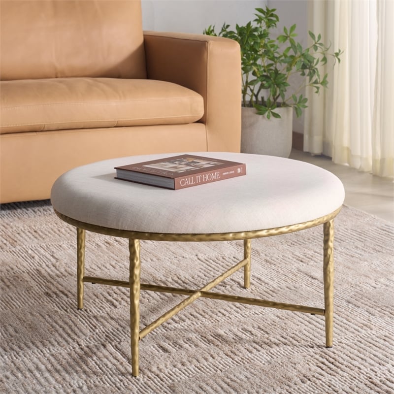 Safavieh Bogdana Round Iron Ottoman in Cream / Gold