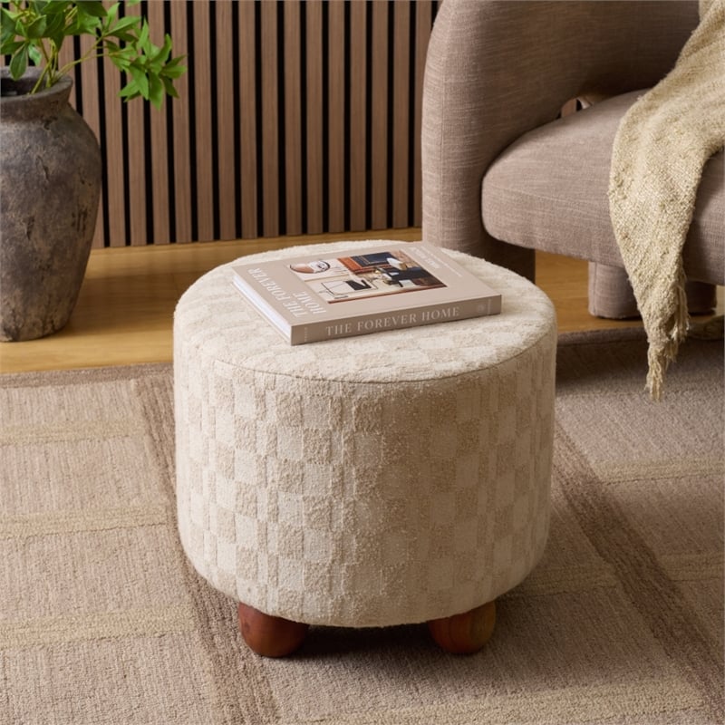 Safavieh Bronislava Round Wood Pouf in Cream / Walnut