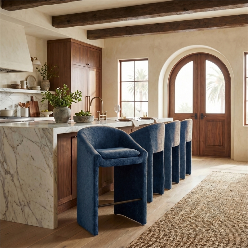 Safavieh Kagan Chenille and Wood Barstool in Navy