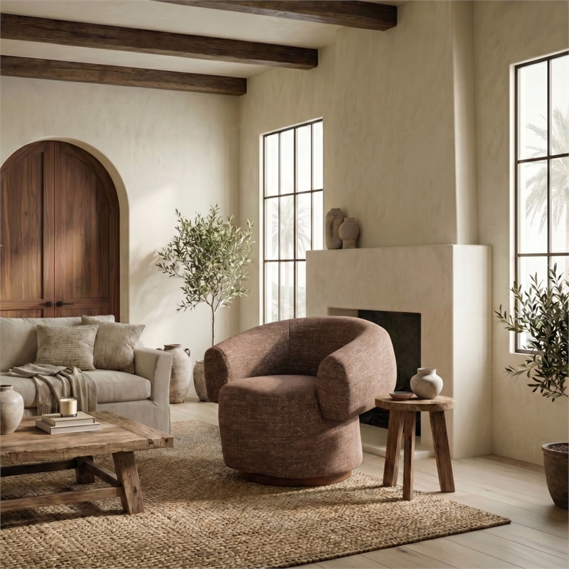 Safavieh Kerriann Chenille and Wood Swivel Chair in Brown