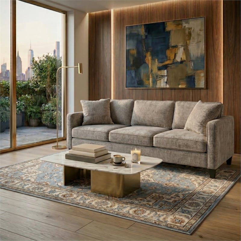 Safavieh Taylyn Chenille and Wood 3 Seat Sofa in Light Brown