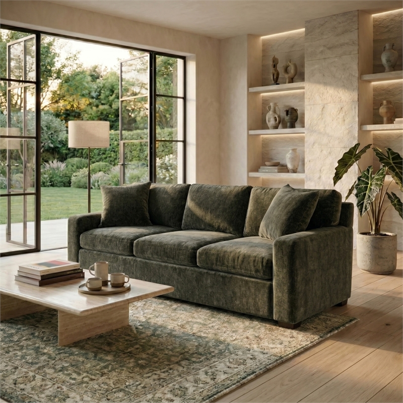 Safavieh Vasquez Chenille and Wood 3 Seat Sofa in Green