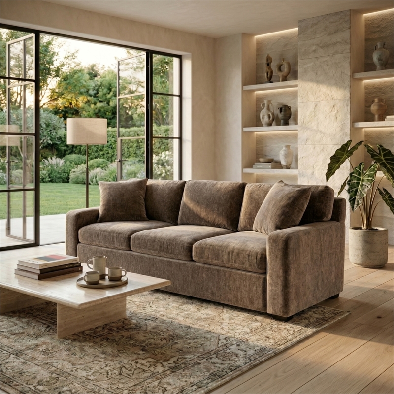 Safavieh Vasquez Chenille and Wood 3 Seat Sofa in Brown