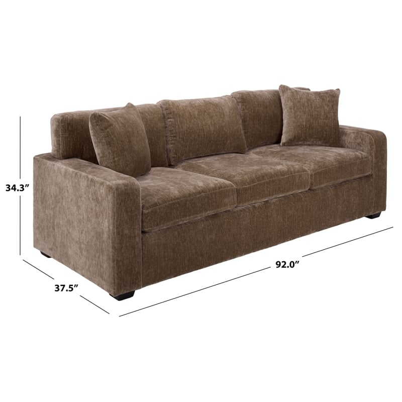 Safavieh Vasquez Chenille and Wood 3 Seat Sofa in Brown