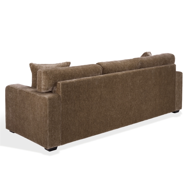 Safavieh Vasquez Chenille and Wood 3 Seat Sofa in Brown