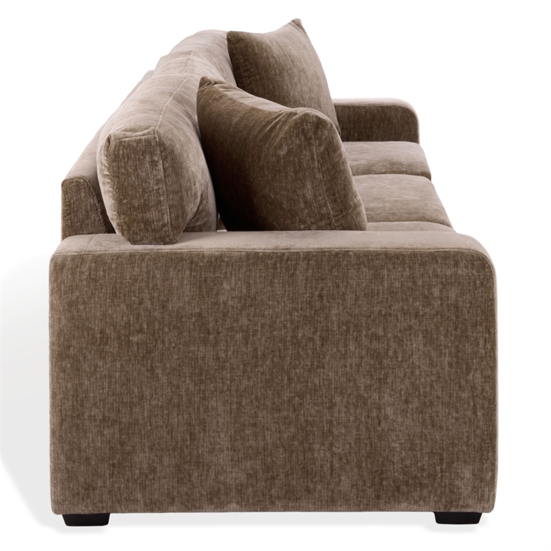 Safavieh Vasquez Chenille and Wood 3 Seat Sofa in Brown