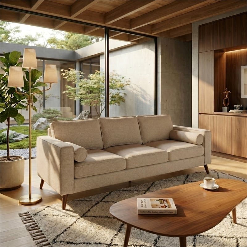 Safavieh Robertson Chenille and Wood 3 Seat Sofa in Taupe