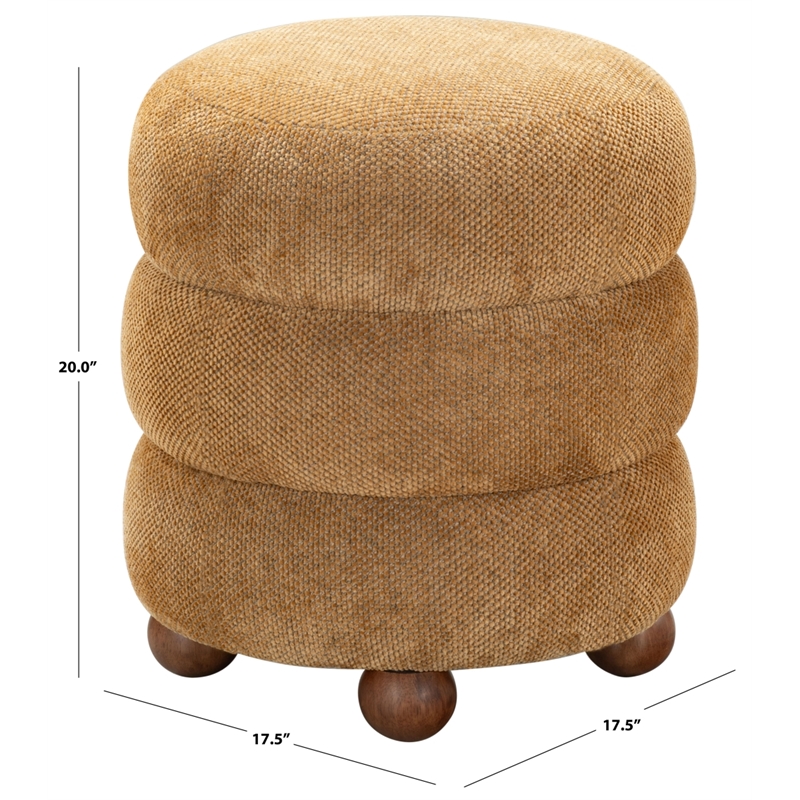 Safavieh Cecelia Round Chenille and Wood Ottoman in Mustard / Walnut