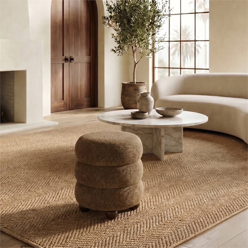 Safavieh Cecelia Round Chenille and Wood Ottoman in Brown/ Walnut