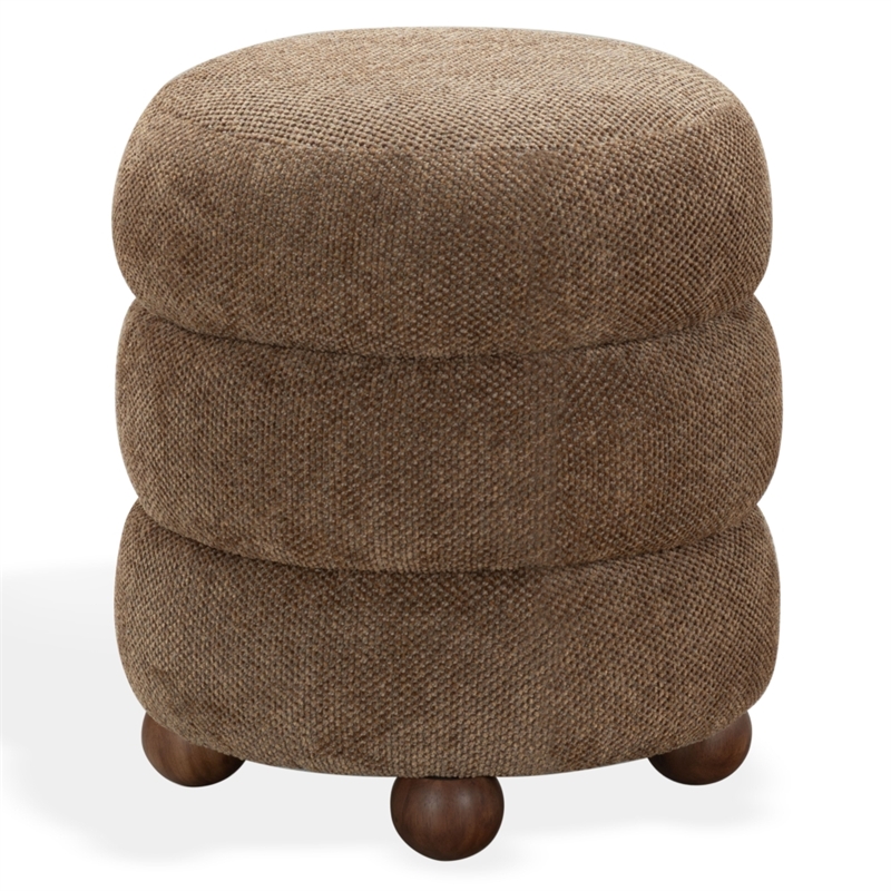 Safavieh Cecelia Round Chenille and Wood Ottoman in Brown/ Walnut