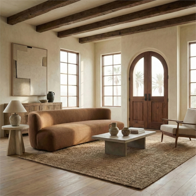 Safavieh Kellibriana Chenille and Wood Sofa in Brown / Walnut