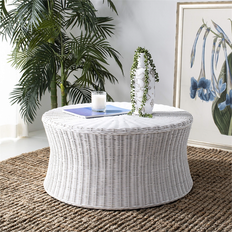 Safavieh Ruxton Wicker and Wooden Ottoman in White