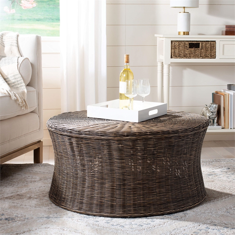 Safavieh Ruxton Wicker and Wooden Ottoman in Dark Brown
