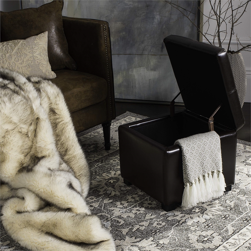 Safavieh Elizabeth Beech Wood Leather Storage Ottoman in Brown