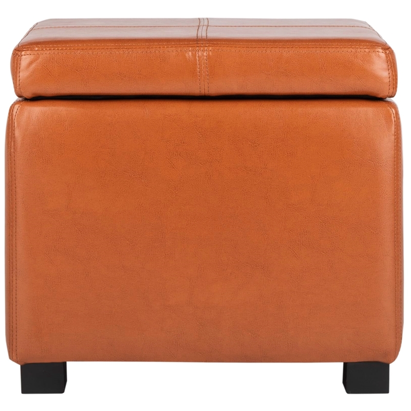Safavieh Elizabeth Beech Wood Leather Storage Ottoman in Saddle
