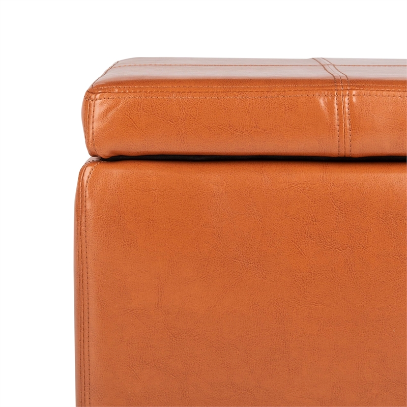 Safavieh Elizabeth Beech Wood Leather Storage Ottoman in Saddle