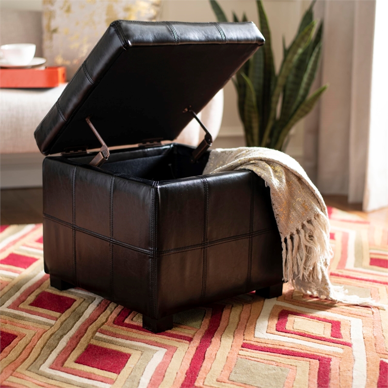 Safavieh William Leather Tufted Storage Ottoman in Flat Cream